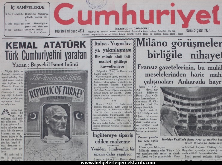 ismet inönü ayasofya müze ayasofya cami m. kemal atatürk cumhuriyet gazetesi sayfa 1