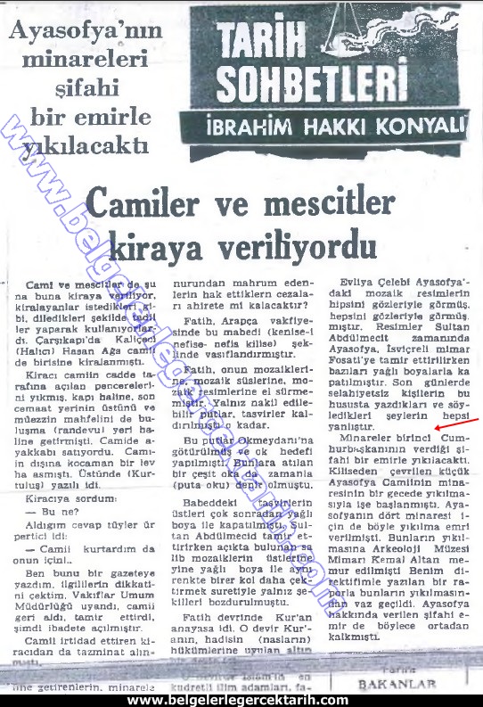 küyük ayasofya cami minaresi yikildi yeni asya gazetesi 1 ekim 1974 ibrahim hakki konyali