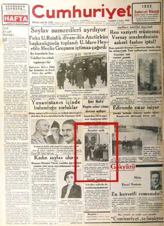 2 Şubat 1935 tarihli Cumhuriyet Gazetesi'nde Ayasofya'nın müze olarak açılış haberi.